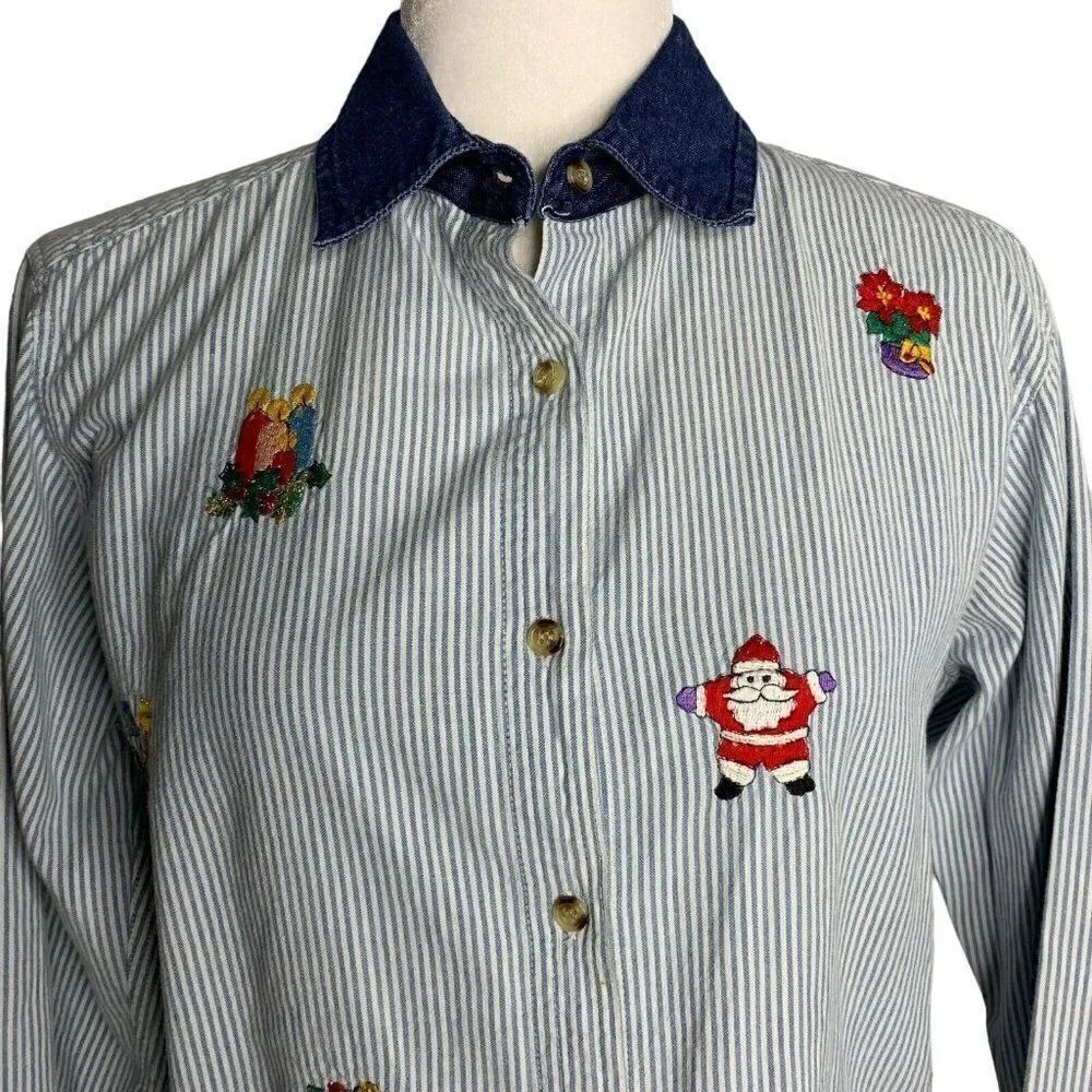 Vintage Holiday Embroidered Button Up Shirt M Blue Striped Chambray Long Sleeves